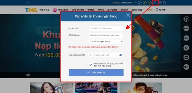 Điền thông tin ngân hàng để rút tiền tại Thabet