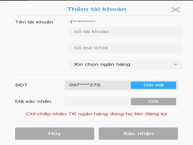 Điền thông tin để rút tiền